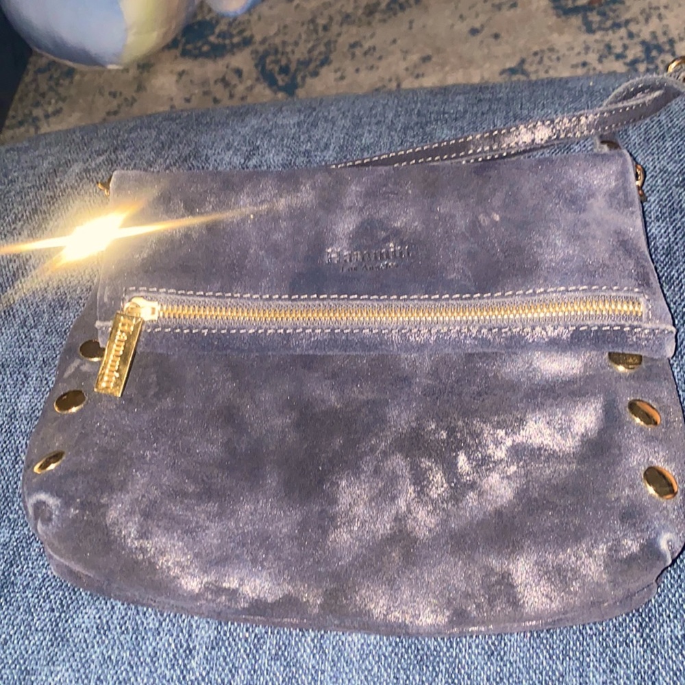 NWOTNavy Blue Zipper Suede Leather Crossbody Clutch. VIP MED w/Red interior